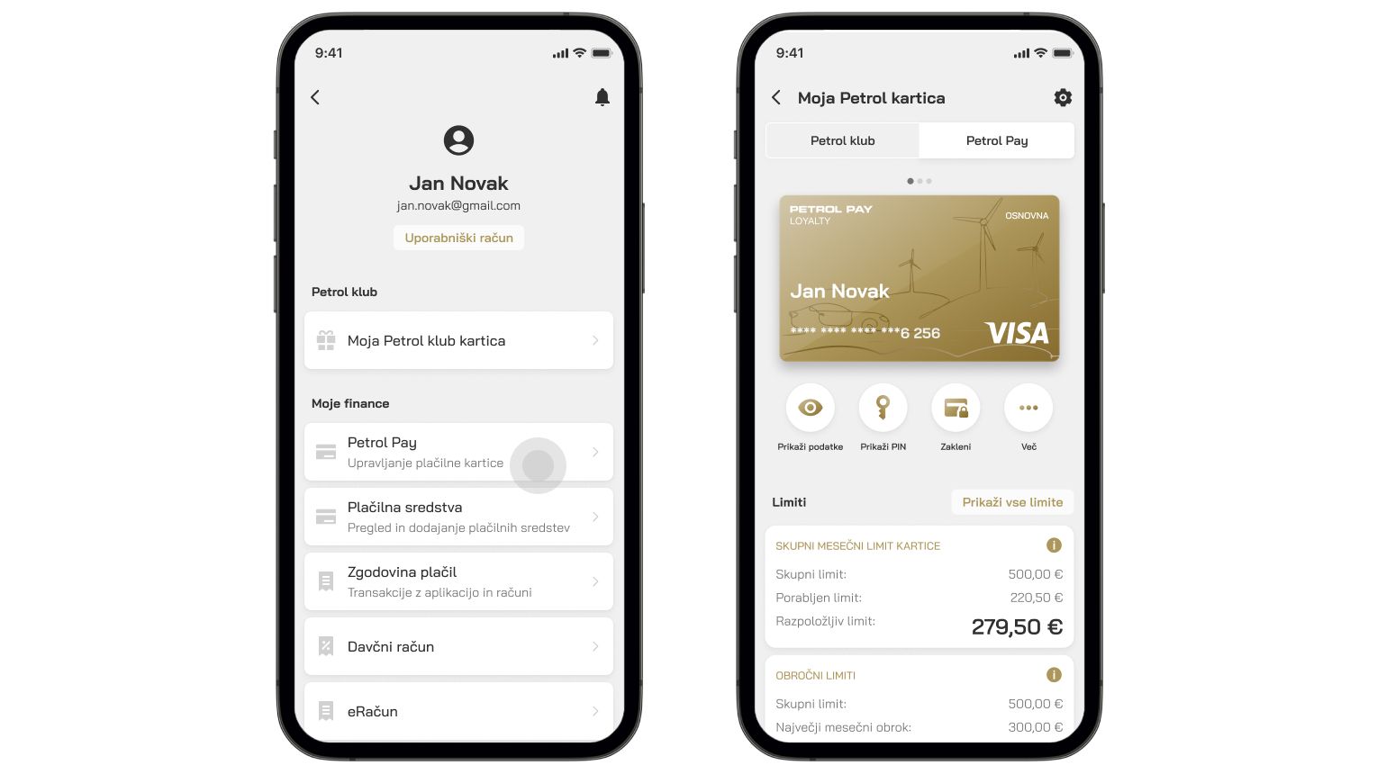 Na sliki sta prikazana zaslona mobilne aplikacije Petrol GO, ki prikazujeta, kako lahko uporabnik spremlja stanje in porabo na Petrol Pay Loyalty plačilni kartici. Na levem zaslonu je prikazan glavni meni profila uporabnika, kjer je med možnostmi v razdelku Moje finance izpostavljena postavka Petrol Pay za upravljanje plačilne kartice. Na desnem zaslonu je prikazan podrobni pregled kartice z njenim imenom in številko. Pod kartico so prikazani podatki o skupnem mesečnem limitu kartice, porabljenem znesku, razpoložljivem limitu ter obročnih limitih, vključno z največjim mesečnim obrokom.