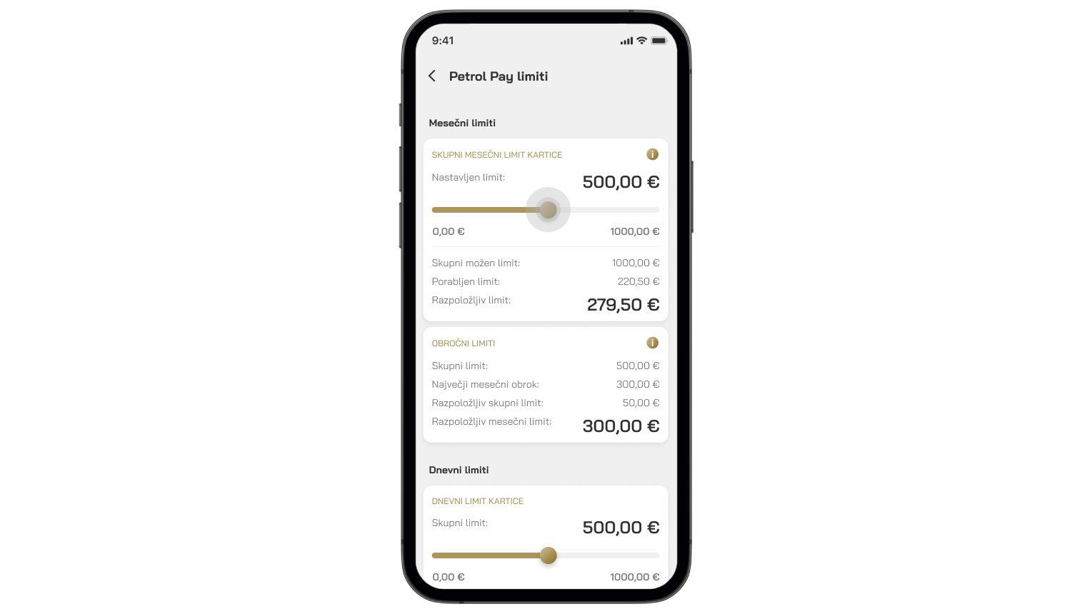 Na sliki je prikazan zaslon v aplikaciji Petrol GO, kjer uporabnik nastavlja in pregleduje limite svoje plačilne kartice Petrol Pay Loyalty. V zgornjem delu je prikazan skupni mesečni limit kartice z informacijo o maksimalnem možnem limitu, porabljenem znesku in razpoložljivem znesku. Pod tem so prikazani obročni limiti, kjer so navedeni skupni limit, največji mesečni obrok ter razpoložljivi zneski. V spodnjem delu zaslona so še dnevni limiti kartice, skupaj z drsnikom za nastavitev višine limita.