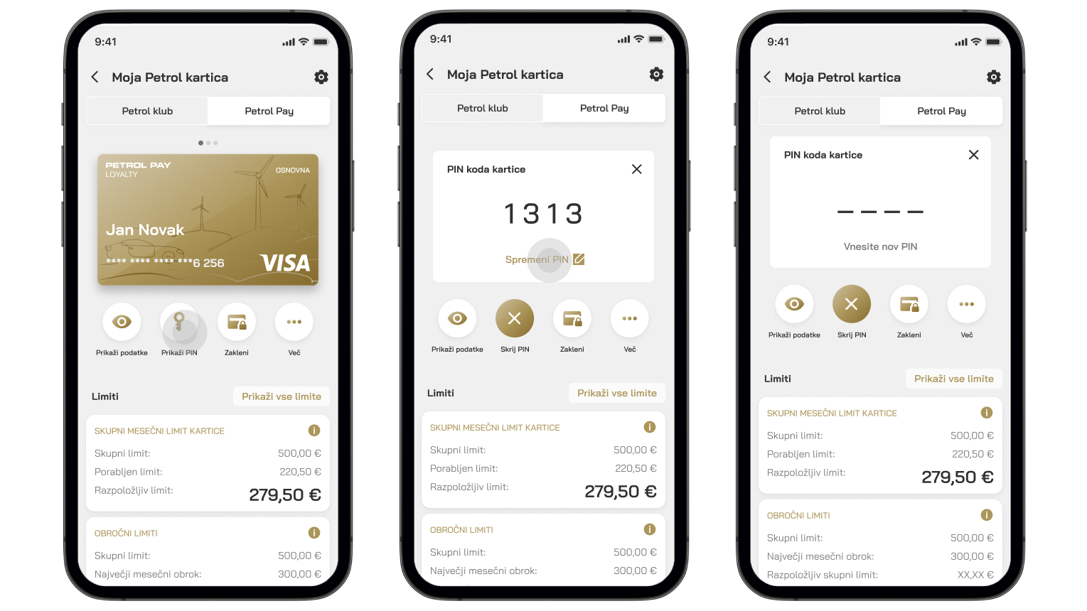 Na sliki so prikazani trije zasloni mobilne aplikacije Petrol GO, ki ponazarjajo postopek menjave PIN kode za plačilno kartico Petrol Pay Loyalty. Na levem zaslonu je prikazana osnovna stran kartice z gumbom »Prikaži PIN«, ki ga uporabnik izbere za ogled ali spremembo PIN kode. Na srednjem zaslonu je prikazan obstoječi PIN, skupaj z možnostjo »Spremeni PIN«, ki jo uporabnik izbere za nadaljevanje postopka. Na desnem zaslonu je polje za vnos nove PIN kode, ki jo bo uporabnik nastavil za svojo kartico. Zasloni jasno ponazarjajo prehod od pregleda trenutnega PIN-a do vnosa novega.