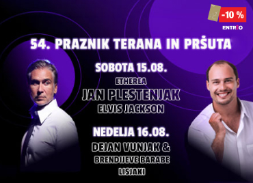 Plakat za 54. Praznik terana in pršuta z dvema nastopajočima portretoma, programom za soboto (Ian Paice – Elvis Jackson) in nedeljo (Dejan Vunjak & Brendijeve barabe), na vijoličnem ozadju. Prikazan je tudi 10 % popust ob priložitvi Petrol klub kartice.