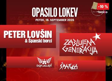 Plakat za glasbeni dogodek Opasilo Lokev (18. september 2026) z nastopajočimi Peter Lovšin & Španski borci, Zabludna generacija, Don Allen in San Di Ego, v rdeči grafični podobi. Prikazan je tudi 10 % popust ob priložitvi Petrol klub kartice.