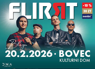 Promocijska grafika za glasbeni dogodek skupine Flirrt. Na sredini stojijo štirje člani skupine v sproščenih pozah, oblečeni v temna in rdeča oblačila. Zgornji del slike prikazuje velik bel napis FLIRRT z rdečim stiliziranim elementom v črki “R”. Spodaj je v belem in svetlo modrem besedilu zapisan datum 20. 2. 2026, lokacija Bovec, ter prizorišče Kulturni dom. Ozadje je turkizno s prelivom.V desnem delu kreative je logotip »eventim« z oznako popusta »-10 %« in ceno »30 ZT«.