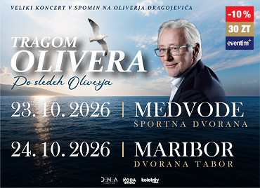Promocijski oglas za koncert v spomin na Oliverja Dragojevića. V ozadju je morska gladina ob sončnem zahodu in modro nebo z oblaki, nad morjem leti galeb. Na desni strani je portret Oliverja Dragojevića v temnem suknjiču in očalih. Besedilo izpostavlja naslov »Tragom Olivera – Po sledeh Oliverja« ter napoveduje veliki koncert v spomin na Oliverja Dragojevića. Navedena sta termina in lokaciji dogodkov: 23. 10. 2026 v Medvodah (Športna dvorana) in 24. 10. 2026 v Mariboru (Dvorana Tabor). V desnem zgornjem kotu je cenovka Eventim in prikazan popust -10 % ob vnovčenju 30 Zlatih točk.