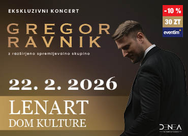 Promocijski plakat za ekskluzivni koncert. Na desni strani je prikazana oseba v elegantni temni obleki, obrnjena v profil, pred mehkim temnim ozadjem z zlatim prelivom. Na levi strani je velik napis Gregor Ravnik ter pod njim besedilo z razširjeno spremljevalno skupino. Spodaj so izpostavljeni datum 22. 2. 2026 in lokacija Lenart – Dom kulture.V desnem delu kreative je logotip »eventim« z oznako popusta »-10 %« in ceno »30 ZT«.