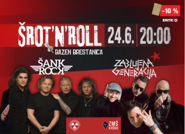 Promocijski koncertni plakat z rdeče-črnim ozadjem za dogodek »Šrot’n’Roll« 24. 6. ob 20:00 v Bazenu Brestanica, z logotipoma skupin Šank Rock in Zablujena Generacija, skupinsko fotografijo šestih nastopajočih oseb ter logotipom ZMS Krško na dnu. Dodana je tudi cenovka ki prikazuje 10% popusta s petrol klub kartico.