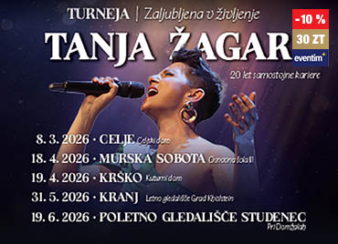 Promocijski plakat za turnejo Tanja Žagar – Zaljubljena v življenje, v okviru praznovanja 20 let samostojne kariere. V ospredju je pevka na odru, med petjem drži mikrofon, ozadje pa je osvetljeno z vijoličnimi in modrimi reflektorji. Zgornji del plakata vključuje naslov turneje in ime izvajalke. Spodaj so navedeni datumi in lokacije koncertov: 8. 3. 2026 – Celje, Celjski dom, 18. 4. 2026 – Murska Sobota, Gledališče Park, 19. 4. 2026 – Krško, Kulturni dom, 31. 5. 2026 – Kranj, Letno gledališče Grad Khislstein, 19. 6. 2026 – Poletno gledališče Studenec pri Domžalah.V desnem delu kreative je logotip »eventim« z oznako popusta »-10 %« in ceno »30 ZT«.