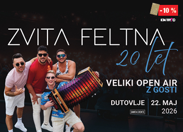 Promocijski plakat za koncert skupine Zvita Feltna ob 20-letnici delovanja. Na temnem ozadju so člani skupine z harmoniko, zgoraj je velik napis »Zvita Feltna 20 let«, spodaj pa informacija »Veliki open air z gosti«, ki bo 22. maja 2026 v Dutovljah. V desnem kotu zgoraj je cenovka, popust 10 % in logotip Entrio.