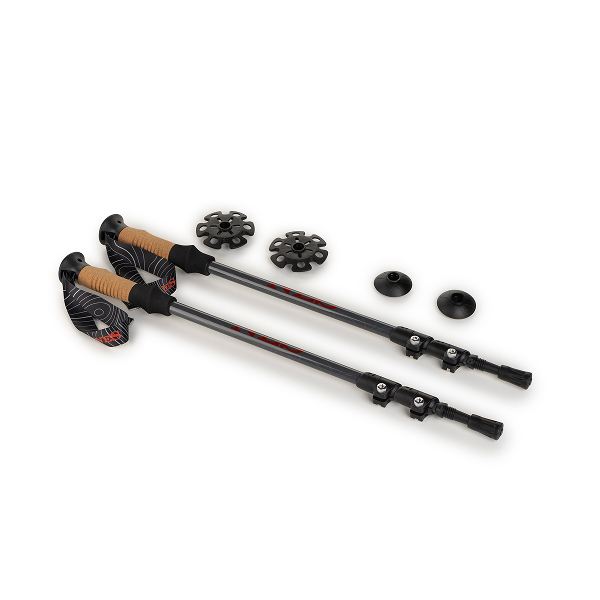 Par zložljivih pohodniških palic s plutastimi ročaji in izmenljivimi nastavki.