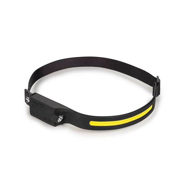 Črna čelna svetilka z nastavljivim trakom in rumeno LED svetlobno linijo.