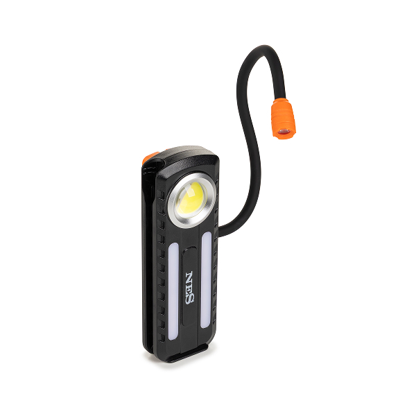Kompaktna polnilna svetilka s fleksibilno LED roko in vgrajeno sponko.