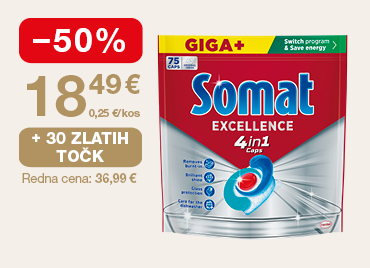Kapsule za pranje posode, Somat Excellence 4in1, 75 pranj  na svetlem ozadju. Ob unovčitvi 30 zlatih točk akcijska cena 18,49 €, znižanje –50 %, redna cena 36,99 €.
