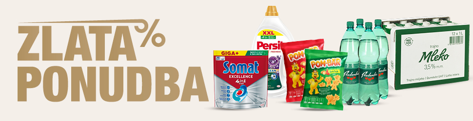Zlata ponudba na enotnem svetlem ozadju s prikazom izdelkov:  Trajno mleko Berglandmilch 3,5 % 1 L, 12 kos, Voda mineralna Radenska 4 x 1,5 L, Flips Pom-bar Original in Ketchup 2 x 65 g, Gel za pranje perila Persil Expert Lavender 2,7 L, 60 pranj in Kapsule za pranje posode Somat Excellence  4in1 75 pranj.