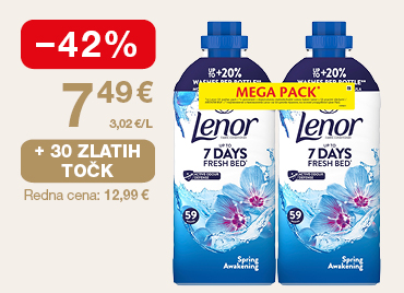 Dve plastenki mehčalca za perilo Lenor 7 Days Fresh Spring Awakening Mega Pack, vsaka po približno 1,24 litra, skupaj 2,48 litra, v modri embalaži s cvetličnim motivom. Na levi strani slike je oznaka -42 % znižanje, akcijska cena 7,49 €. Ponudba velja ob unovčenju 30 zlatih točk.
