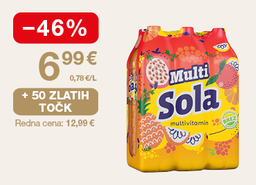 Paket Multi Sola multivitaminskega napitka s 6 plastenkami po 1,5 litra, skupaj 9 litrov, v oranžni embalaži z barvitimi sadnimi motivi. Na levi strani slike je oznaka -46 % znižanje, akcijska cena 6,99 €, cena na liter 0,78 €/L in označba zlata ponudba. Ponudba velja ob unovčenju 50 zlatih točk.