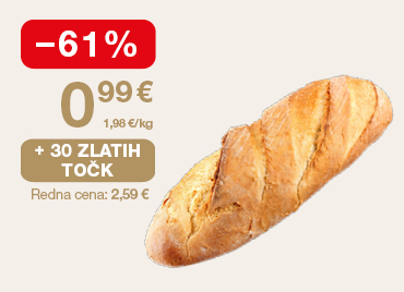 Kruh Žito, beli rustikalni, 500 g, na svetlem ozadju. Ob unovčitvi 30 zlatih točk akcijska cena 0,99 €, znižanje –61 %, redna cena 2,59 €.