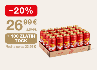 Paket piva Union Lager (24 pločevink) na svetlem ozadju. Ob unovčitvi 100 zlatih točk akcijska cena 26,99 €, znižanje –20 %, redna cena 33,99 €.
