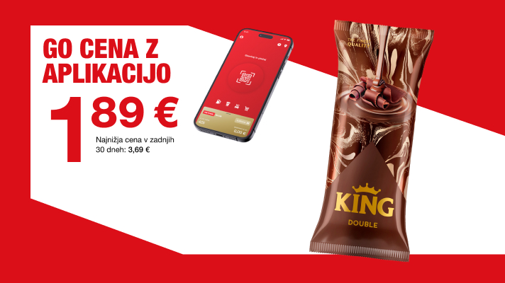Na sliki je prikazan oglas za akcijsko ponudbo, kjer je izpostavljena cena 1,89 € za izdelek King Double sladoled z žametno kremasto vanilijo ob mobilni aplikaciji.