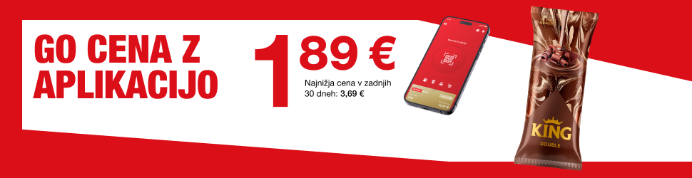 Na sliki je prikazan promocijski oglas za sladoled King Double z napisom »GO cena z aplikacijo« in ceno 1,89 €. Ob izdelku je prikazan tudi pametni telefon z odprto Petrol aplikacijo v rdeči barvni shemi.