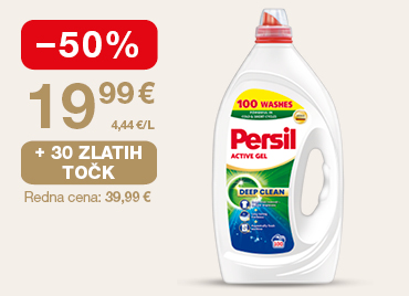 Na sliki je prikazana plastenka tekočega detergenta Persil Active Gel Deep Clean. Ob izdelku je izpostavljena akcijska ponudba s 50 % popustom, ceno 19,99 € ter možnostjo pridobitve 30 zlatih točk.