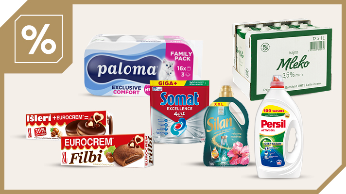 Izdelki na svetlem ozadju: Izdelki na svetlem ozadju: Trajno mleko Berglandmilch 3,5 % 1 L, 12 kos, Toaletni papir Paloma Exclusive Comfort 3 slojni, 16 kosov, Voda mineralna Radenska 4 x 1,5 L, Flips Pom-bar Original in Ketchup 2 x 65 g, Gel za pranje perila Persil Expert Lavender 2,7 L, 60 pranj in Kapsule za pranje posode Somat Excellence  4in1 75 pranj . Slika je obrobljena v zlato obrobo v levem zgornjem kotu pa je oznaka za procent.