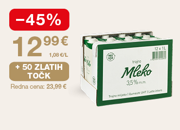 Paket trajnega mleka 3,5 % m.m. (12 × 1L) na svetlem ozadju. Ob unovčenju 50 zlatih točk akcijska cena 12,99 €, znižanje -45 %, redna cena 23,99 €