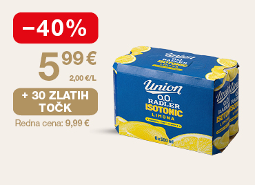 Paket Union Radlek 0,0, %, Isotonic (6 pločevink) na svetlem ozadju. Ob unovčitvi 30 zlatih točk akcijska cena 5,99 €, znižanje –20 %, redna cena 9,99 €.