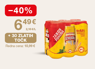 Paket piva Ožujsko (6 pločevink) na svetlem ozadju. Ob unovčitvi 30 zlatih točk akcijska cena 6,49 €, znižanje –40 %, redna cena 10,99 €.