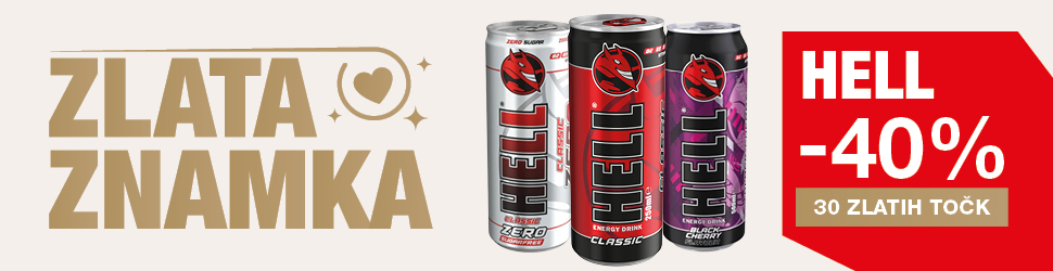 Na svetli podlagi je na levi strani velik napis ''ZLATA ZNAMKA'' v zlati barvi. Na sredini so tri pločevinke energijske pijače Hell. Srebrna pločevinka z okusom Classic Zero, rdeče-črna pločevinka z okusom Classic in vijolično-črna  pločevinka z okusom Black Cherry. Desno je na rdeči podlagi napis ''HELL - 40 %, 30 ZLATIH TOČK