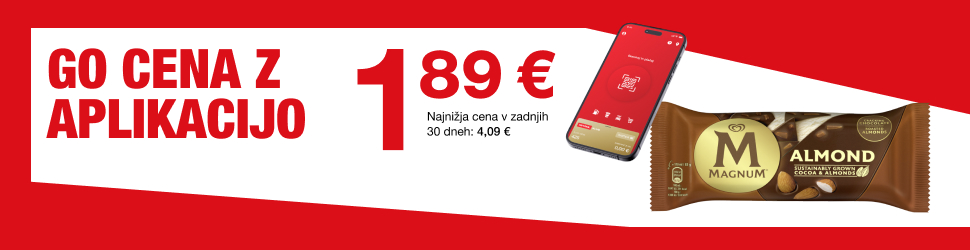 Pasica za akcijo Go cena z aplikacijo prikazuje ceno 1,89 €, telefon z aplikacijo Petrol GO in sladoled Magnum Almond.
