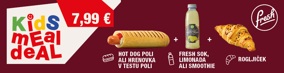 Promocijski oglas Fresh Kids Meal Deal. Na levi je pisan napis »Kids Meal Deal«, zgoraj je označena cena 7,99 €. Na desni so prikazani hot dog Poli, steklenička Fresh limonade ter rogljiček. Med izdelki so znaki plus. V zgornjem desnem kotu je logotip Fresh na temno bordo ozadju.