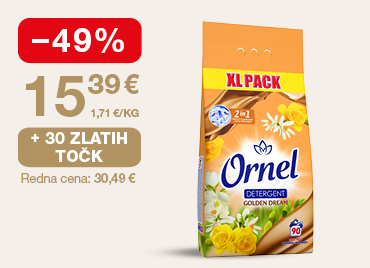 Promocijska grafika na svetlem ozadju z akcijsko ponudbo pralnega praška Ornel Golden Dream. Na desni strani je prikazano veliko pakiranje pralnega detergenta v oranžno-zlatih odtenkih z motivom rumenih cvetov in oznako »XL PACK«. Na levi strani je rdeča oznaka −49 %, pod njo akcijska cena 15,39 € in podatek 1,71 €/kg. Cena večja ob vnovčenju 30 zlatih točk, navedena pa je tudi redna cena 30,49 €.