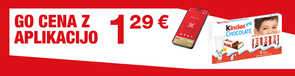 Na sliki je promocijski oglas za aplikacijo Petrol GO. Prikazana je cena 1,29 €, mobilni telefon z odprto aplikacijo Petrol GO ter paket čokoladic Kinder Chocolate z osmimi čokoladicami.