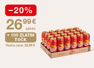Paket piva Union Lager (24 pločevink) na svetlem ozadju. Ob unovčitvi 100 zlatih točk akcijska cena 26,99 €, znižanje –20 %, redna cena 33,99 €.