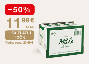 Trajno mleko Mleko 3,5 % m. m. (12 × 1 l) na svetlem ozadju. Ob unovčitvi 50 zlatih točk, akcijska cena 11,99 €, znižanje –50 %, redna cena 23,99 €.