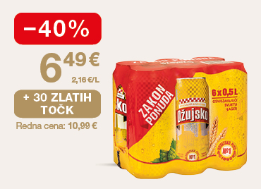 Ožujsko pivo (6 × 0,5 l) na svetlem ozadju. Ob unovčitvi 30 zlatih točk, akcijska cena 6,49 €, znižanje –40 %, redna cena 10,99 €.