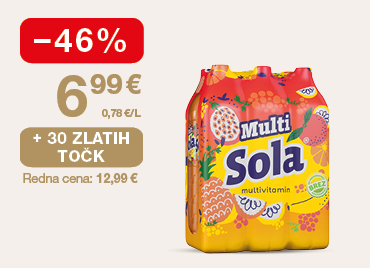 Multi Sola multivitamin (9 l) na svetlem ozadju. Ob unovčitvi 30 zlatih točk, akcijska cena 6,99 €, znižanje –46 %, redna cena 12,99 €.