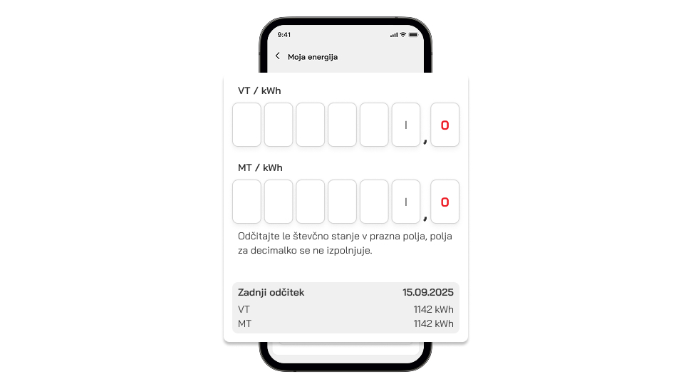 Mobilni zaslon aplikacije »Moja energija« prikazuje obrazec za vnos števčnega stanja. Na vrhu sta polji za vnos VT in MT (v kWh) z ločenimi okenci za posamezne številke ter decimalnim mestom. Pod njima je navodilo za vnos podatkov. Spodaj je razdelek »Zadnji odčitek« z datumom 15.09.2025 in prikazanimi vrednostmi VT 1142 kWh ter MT 1142 kWh.