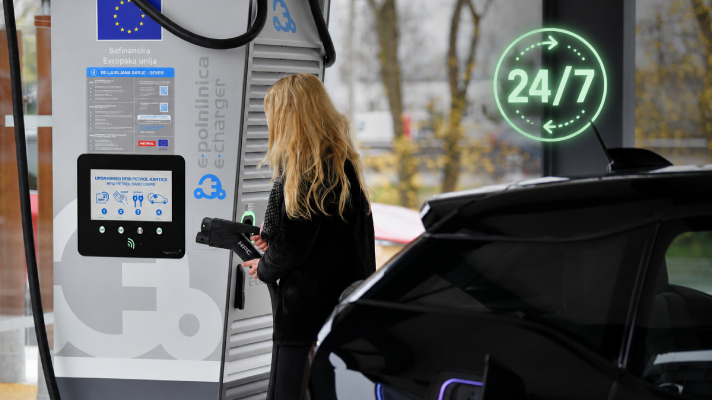 Na sliki uporabnica polni električno vozilo na Petrolovi e-polnilnici, ob njej pa je prikazan simbol podpore 24/7.
