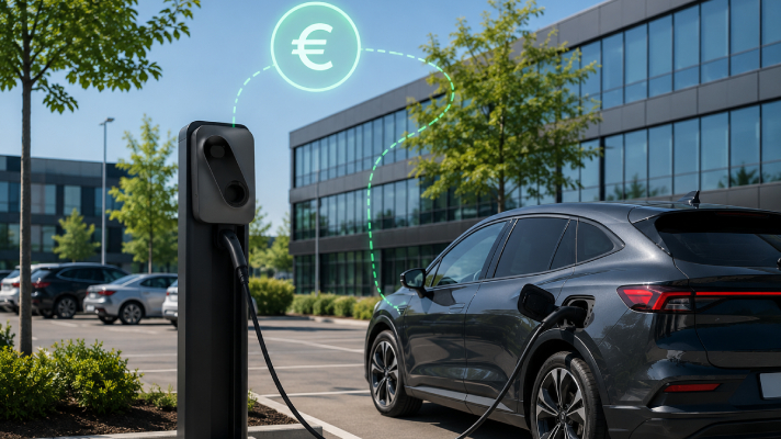Na sliki je električno vozilo ob polnilnici, z grafičnim prikazom simbola evra, ki ponazarja ustvarjanje prihodkov s polnjenjem.
