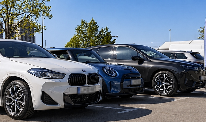Na parkirišču so parkirani trije avtomobili v ospredju: bel BMW na levi, moder Mini Cooper na sredini in temen SUV BMW na desni. Vozila so fotografirana od spredaj pod kotom, v ozadju pa so vidna drevesa, drugi parkirani avtomobili in jasno modro nebo. Fotografija je posneta podnevi ob sončnem vremenu, sončni odsevi pa so vidni na vetrobranskih steklih vozil.