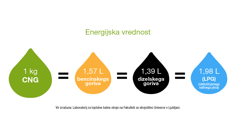 Grafikon prikazuje energijsko vrednost različnih pogonskih goriv: 1 kg CNG (stisnjen zemeljski plin/metan) ima enako energijsko vrednost kot 1,57 L bencinskega goriva, 1,39 L dizelskega goriva in 1,98 L LPG (utekočinjenega naftnega plina).