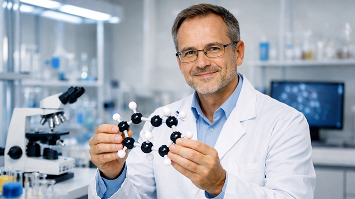 Znanstvenik v laboratoriju drži model molekule in se nasmejano ozira proti kameri; v ozadju so laboratorijska oprema, mikroskop in steklena posoda.
