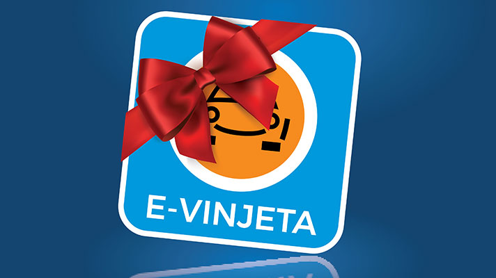 Na sliki je logo Vinjete z narisanim avtomobilom in rdečo pentljo, ob njej pa rdeč napis 'Dvojne Zlate točke'.