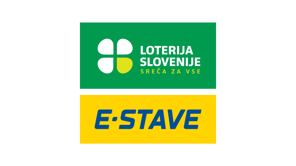 Logotip Loterije Slovenije v zeleni barvi in e-stave logotip z modro pisavo na rumeni barvi
