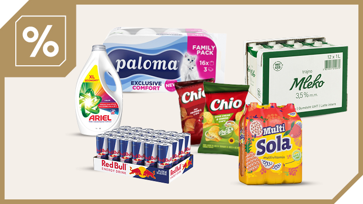 Izdelki na svetlem ozadju: Izdelki na svetlem ozadju: Trajno mleko Berglandmilch 3,5 % 1 L, 12 kos, Toaletni papir Paloma Exclusive Comfort 3 slojni, 16 kosov, Voda mineralna Radenska 4 x 1,5 L, Flips Pom-bar Original in Ketchup 2 x 65 g, Gel za pranje perila Persil Expert Lavender 2,7 L, 60 pranj in Kapsule za pranje posode Somat Excellence  4in1 75 pranj . Slika je obrobljena v zlato obrobo v levem zgornjem kotu pa je oznaka za procent.