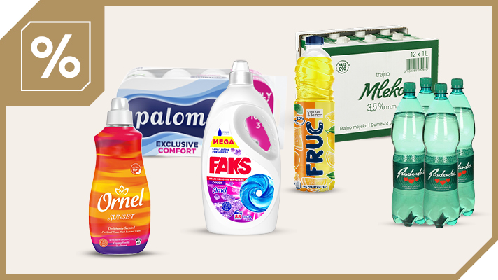 Promocijska grafika na svetlem ozadju z zlato obrobo in simbolom odstotka v zgornjem levem kotu. V sredini je prikazana ponudba izdelkov Zlata ponudba: mehčalec Ornel Sunset, tekoči pralni detergent Faks Color, paket toaletnega papirja Paloma Exclusive Comfort, plastenka napitka Fruc, kartonsko pakiranje trajnega mleka Mleko 3,5 % ter več plastenk mineralne vode Radenska. Izdelki so razporejeni v skupino in predstavljajo akcijsko oziroma posebno promocijsko ponudbo.