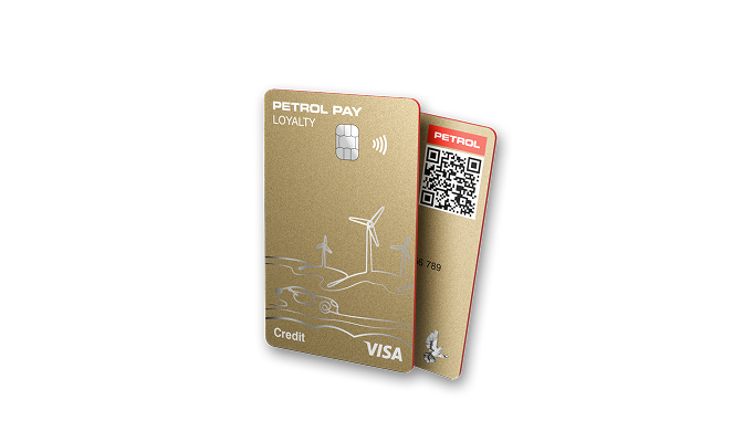 Sprednja in zadnja stran kartice Petrol Pay Loyalty Visa, z vidnim čipom, brezstičnim simbolom in QR-kodo.