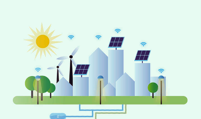 Na sliki je shematski prikaz trajnostnega mesta z uporabo sončne energije, vetrne energije in pametne energetske infrastrukture.