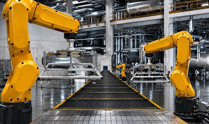 Rumene robotske roke delujejo ob proizvodni liniji v industrijskem obratu.