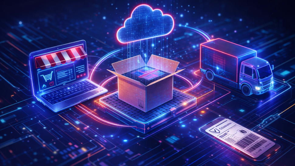 Digitalna ilustracija, ki prikazuje proces e-trgovine in dostave: na levi je prenosnik z odprto spletno trgovino, v sredini odprta škatla na digitalni platformi, nad njo oblak (cloud), ki simbolizira obdelavo podatkov ali naročila, na desni pa dostavno vozilo. Okoli elementov potekajo svetlobne povezave, ki ponazarjajo tok informacij in logistiko, spodaj pa je vidna tudi nalepka za pošiljko.